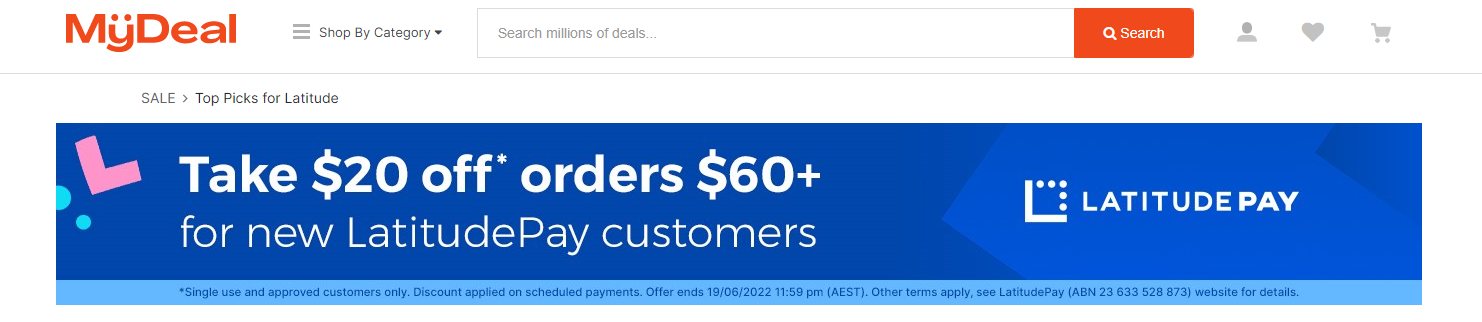 $20 OFF $60 for new LatitudePay customers at My Deal