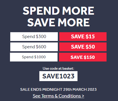 Nisbets Spend & save - Exra $15 OFF $300, $50 OFF $600, $150 OFF $1000 with coupon