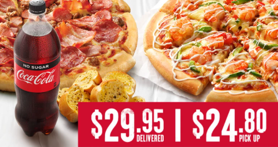 Get 2 large pizzas + 2 sides for $29.95 delivered | $24.80 pick up