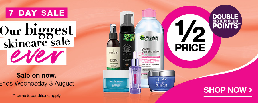 Up to 50% OFF skincare, suncare and tanning +  Double Sister Club points at Priceline