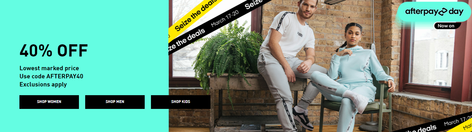 Puma Afterpay Day sale extra 40% OFF for men, women & kids styles with promo code