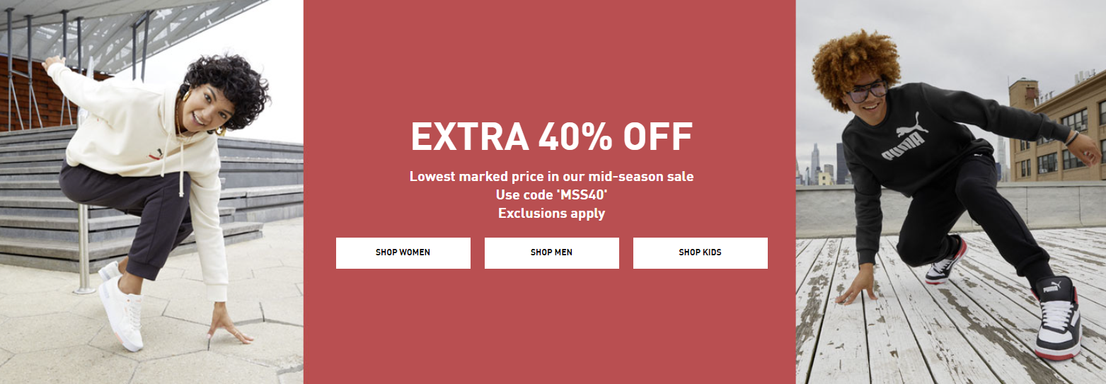 Puma extra 40% OFF on Mid-season sale styles for men, women & kids with promo code