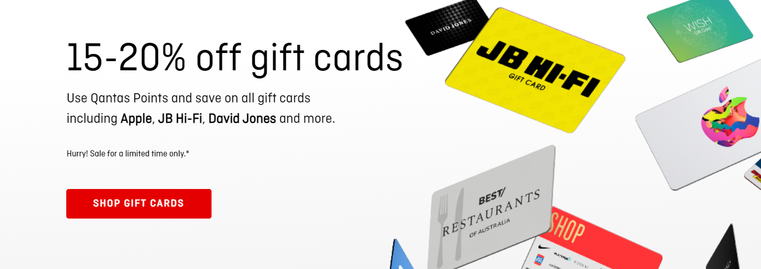 15%-20% off best selling gift cards at Qantas Reward Store