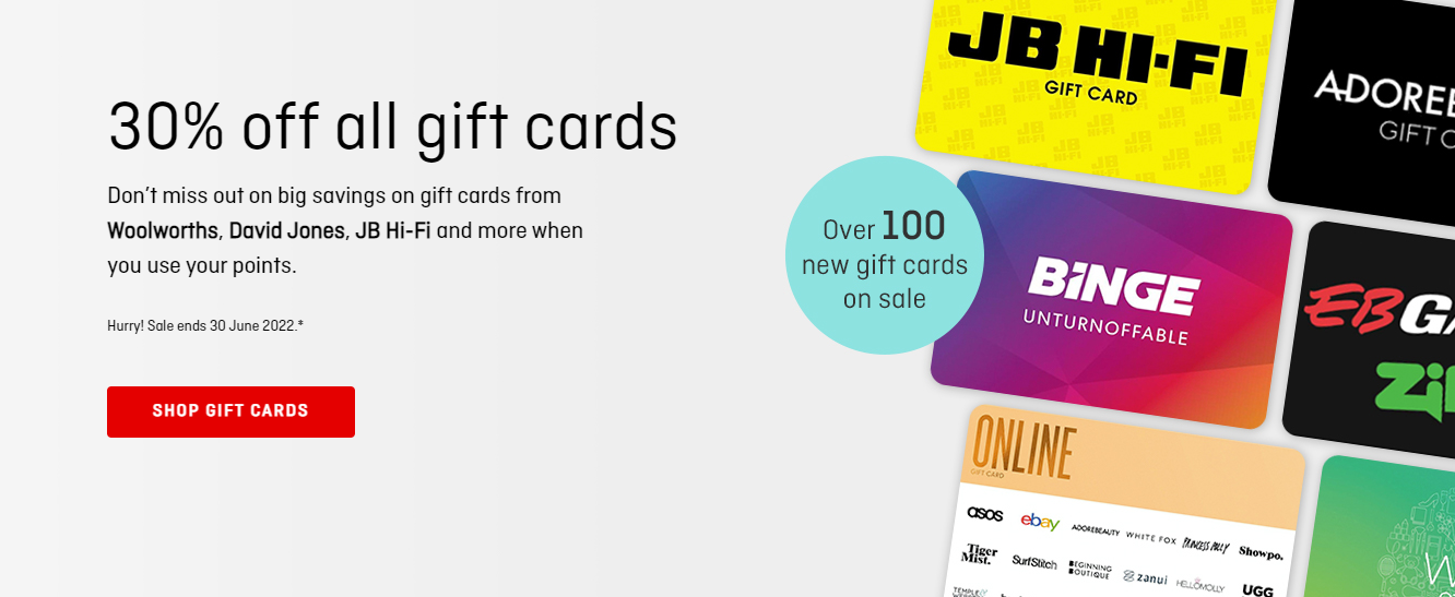 30% OFF on all gift cards including JB Hi-Fi, Woolworths & more at Qantas store