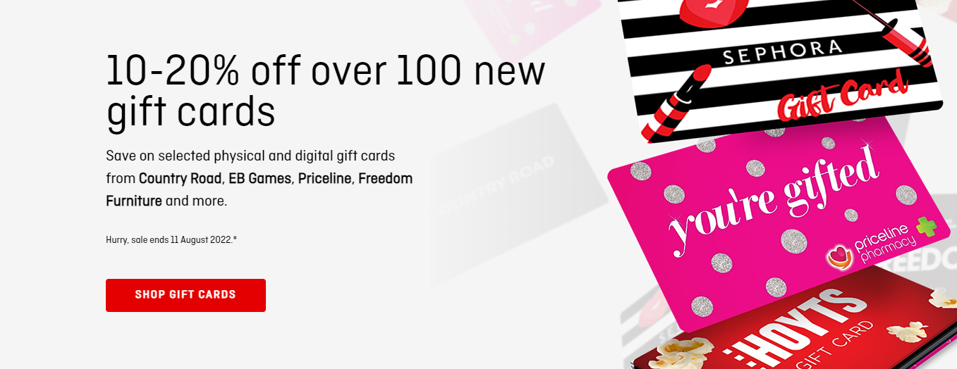 10-20% OFF over 100 new gift cards like Priceline, EB Games & more at Qantas