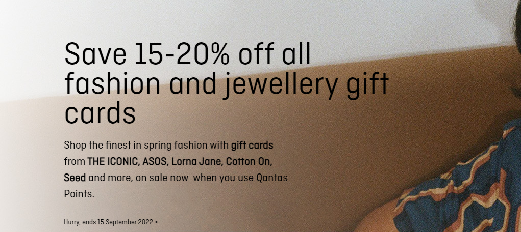 Save 15-20% OFF all fashion and jewellery gift cards at Qantas