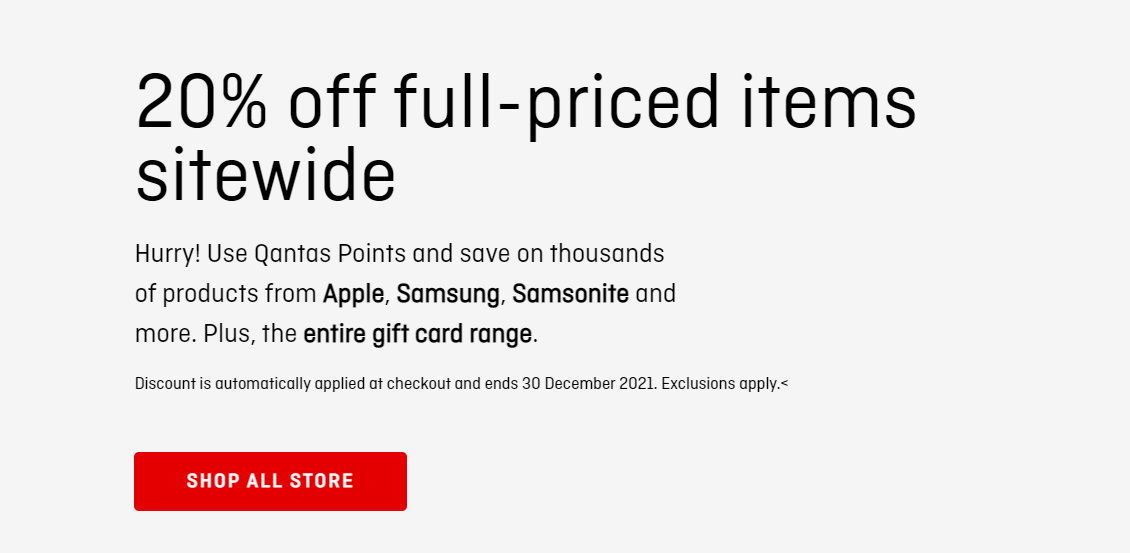 Qantas Boxing Day 20% OFF on full priced items sitewide including Apple, Samsung + gift card range