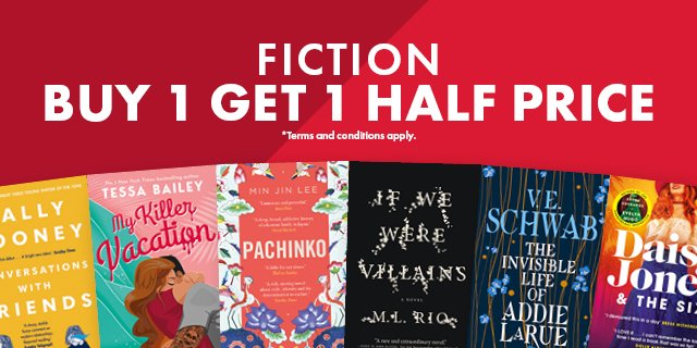 Buy 1 get 1 50% OFF on fiction titles @ QBD Books