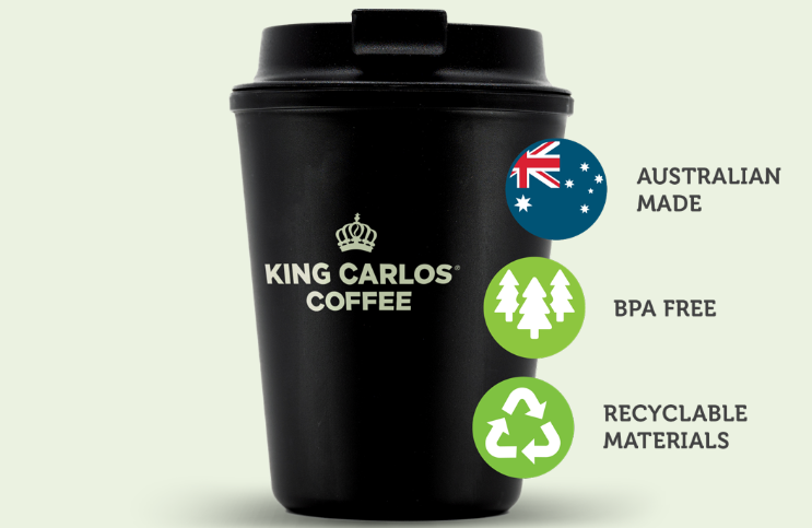 Free reusable cup valued at $15 with every online coffee purchase from King Carlos Coffee