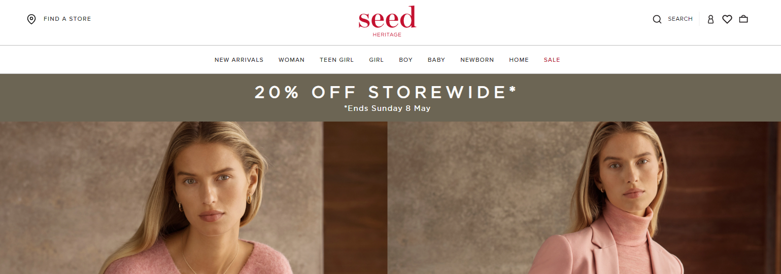 Seed Heritage 20% OFF sitewide from women, kids and baby clothing