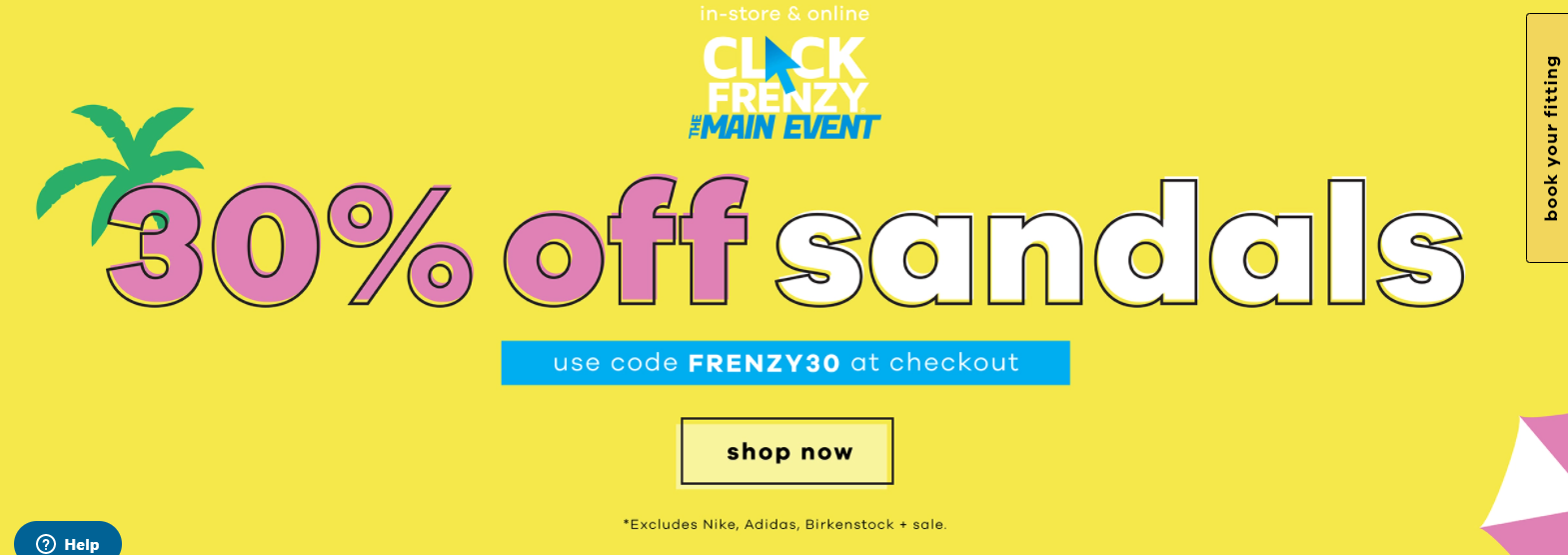 Click Frenzy sale extra 30% OFF on sandals with discount code including Online exclusives