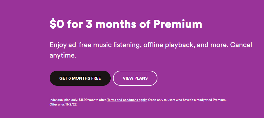 $0 for 3 months of Premium at Spotify