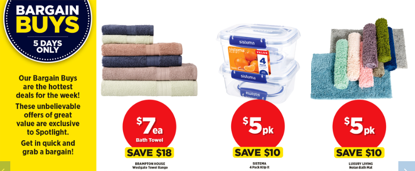 50% OFF pillows, towels, 40% OFF curtains, 30% OFF blinds &more @ Spotlight Bargain Buys catalogue