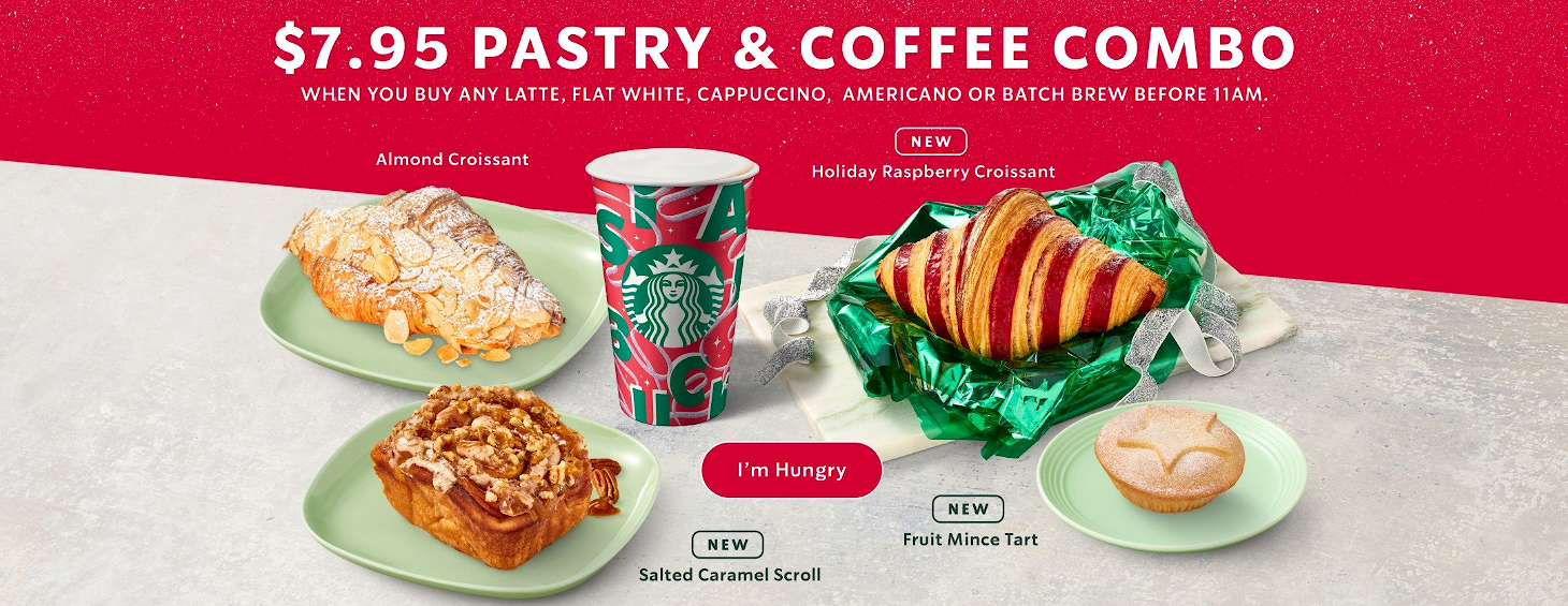 Get $7.95 pastry when you buy a coffee like Flat white, Latte at Starbucks