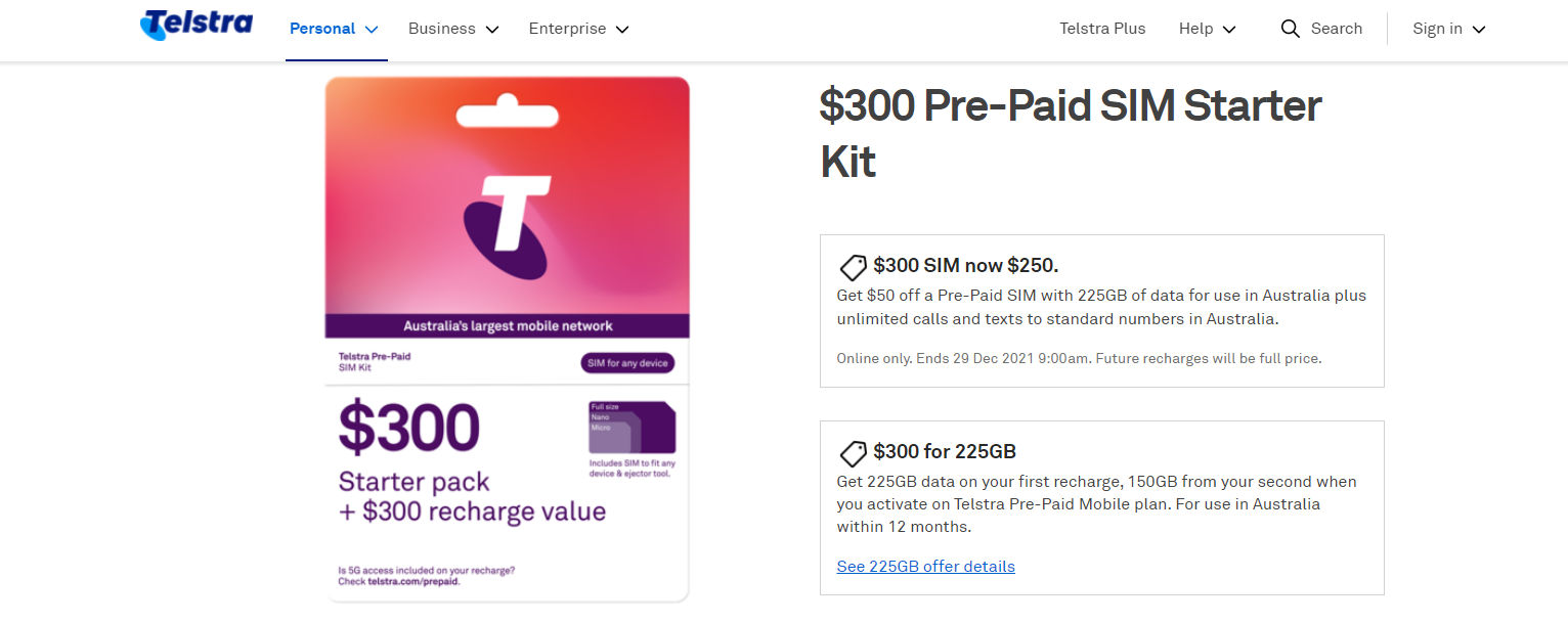 $50 OFF on $300 Pre-Paid SIM Starter Kit now $250 at Telstra