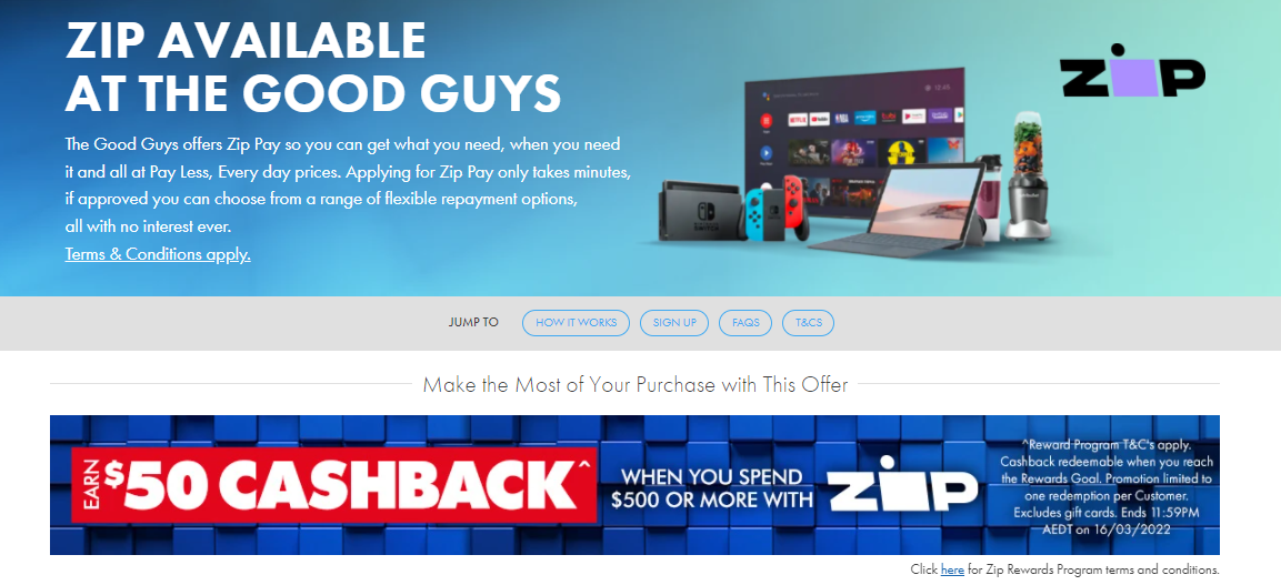 The Good Guys $50 cashback when you spend $500 or more with Zippay