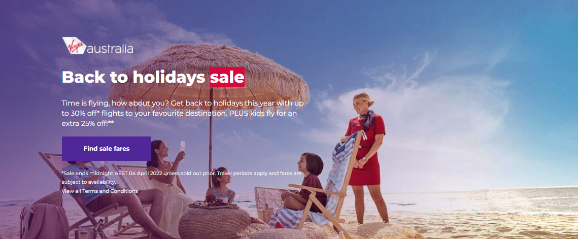 Virgin Austalia Back to Holidays sale up to 30% OFF flights plus kids get extra 25% OFF