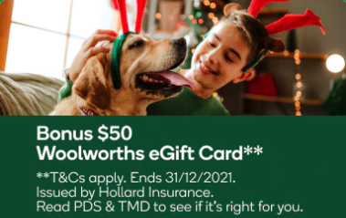 Bonus $50 Woolworths Supermarket eGift Card on selected Pet Insurance policies with coupon