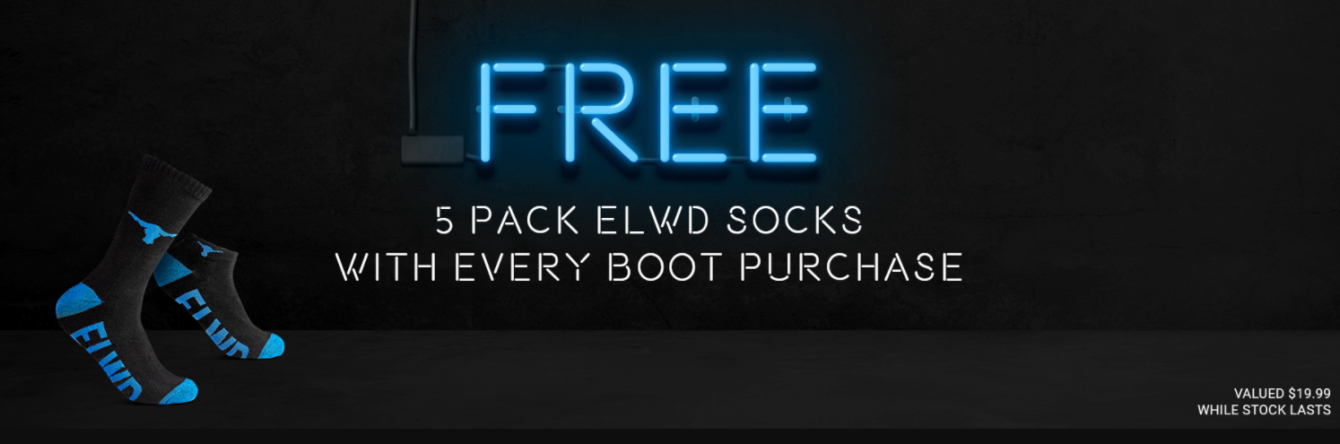 Workscene get free 5 pack Elwd socks (valued at $19.99) with every boot purchase